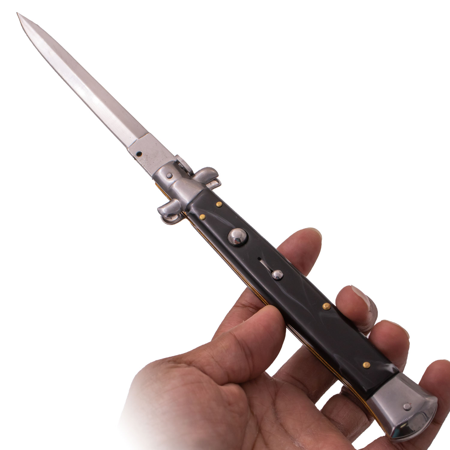 AKC 13 Inch Automatic Stiletto Italiano Button Push Knife (Black and White Pearl)